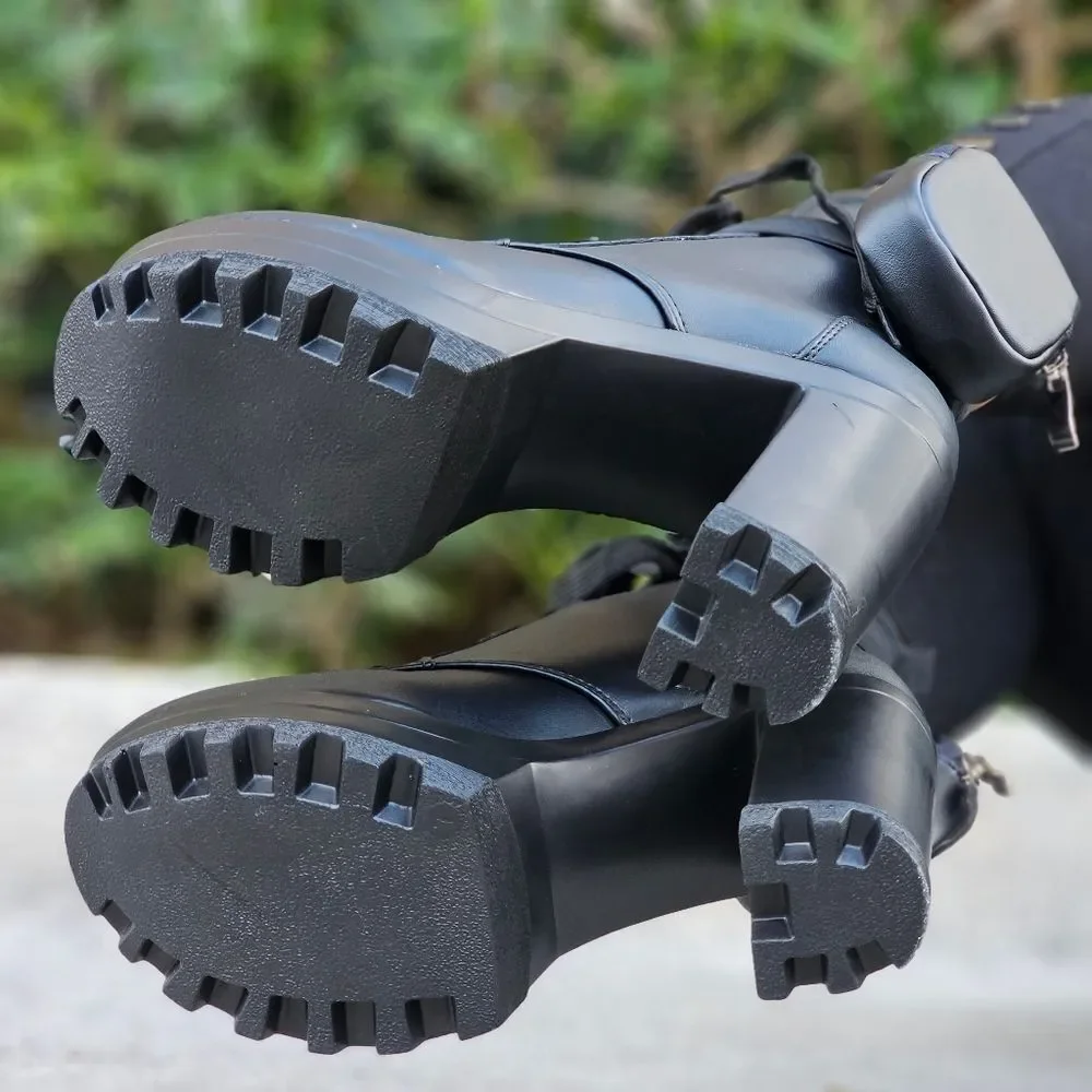 Black Women’s Lace Up Block Heel Booties Side Zipper & Pouches - Picture 5 of 5